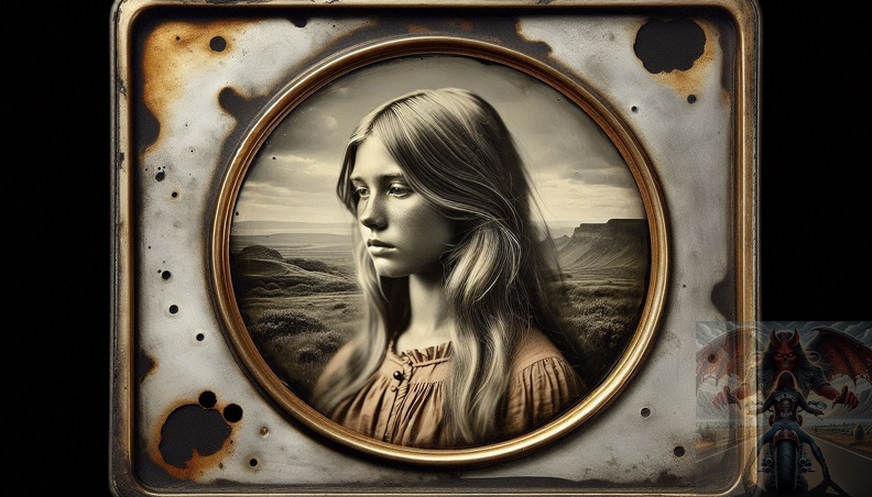Ein detailliertes Querformat einer jungen Frau mit blonden langem Haar als altes Daguerreotypie-Foto. frau_003.jpeg
