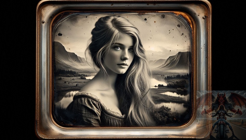 Ein detailliertes Querformat einer jungen Frau mit blonden langem Haar als altes Daguerreotypie-Foto. frau_001.jpeg