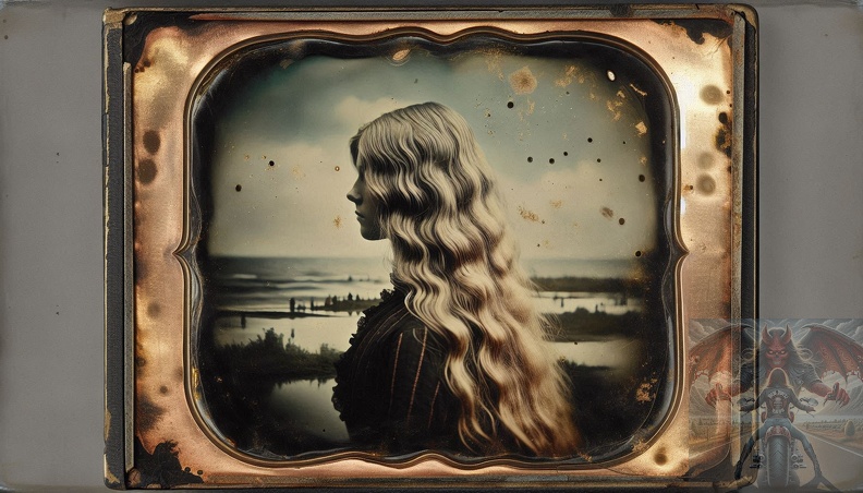 Ein detailliertes Querformat einer jungen Frau mit blonden langem Haar als altes Daguerreotypie-Foto. frau_002.jpeg