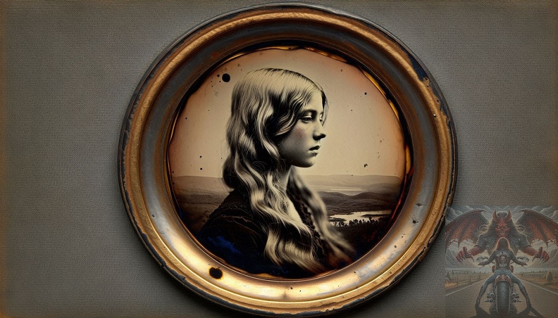 Ein detailliertes Querformat einer jungen Frau mit blonden langem Haar als altes Daguerreotypie-Foto. frau_004.jpeg