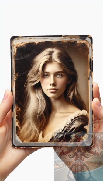 Ein detailliertes Querformat einer jungen Frau mit blonden langem Haar als altes Daguerreotypie-Foto. frau_005.jpeg