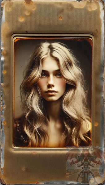 Ein detailliertes Querformat einer jungen Frau mit blonden langem Haar als altes Daguerreotypie-Foto. frau_007.jpeg