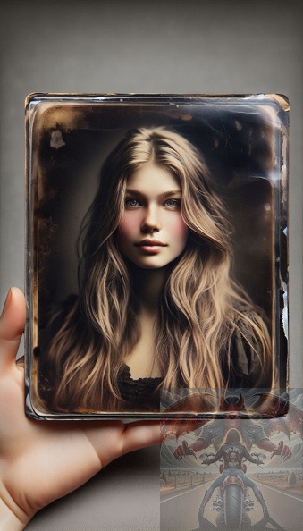 Ein detailliertes Querformat einer jungen Frau mit blonden langem Haar als altes Daguerreotypie-Foto. frau_008.jpeg