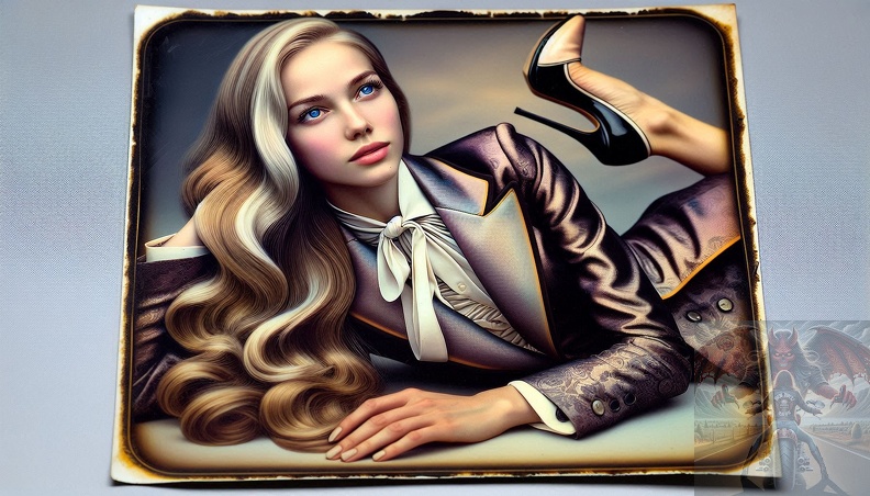 Ein detailliertes Querformat einer jungen Frau mit blondem langen Haar und blauen Augen im Designeranzug mit damenhaften Schuhwerk frau_011.jpeg