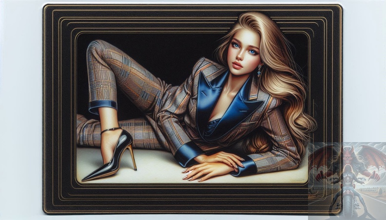 Ein detailliertes Querformat einer jungen Frau mit blondem langen Haar und blauen Augen im Designeranzug mit damenhaften Schuhwerk frau_010.jpeg