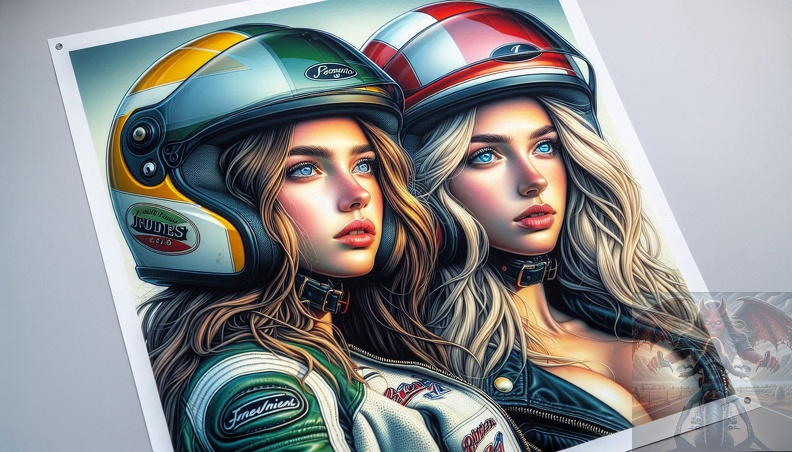 Ein detailliertes Portrait von zwei jungen Frau mit langem blonden Haar und blaugrauen Augen in der Seitenansicht beim fahren auf einem Motorrad frau_020.jpeg