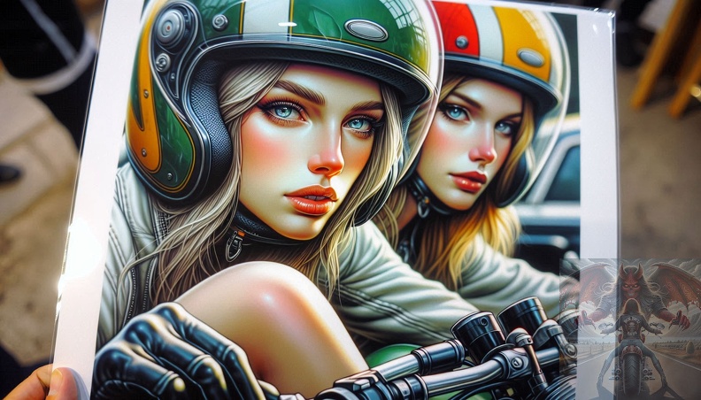 Ein detailliertes Portrait von zwei jungen Frau mit langem blonden Haar und blaugrauen Augen in der Seitenansicht beim fahren auf einem Motorrad frau_022.jpeg