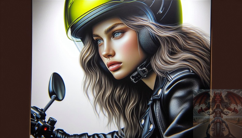 Ein detailliertes Portrait von einer jungen Frau mit langem blonden Haar und blaugrauen Augen in der Seitenansicht beim fahren auf einem Motorrad mit schwarzer Lederkombi frau_024.jpeg