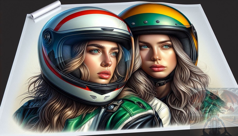 Ein detailliertes Portrait von zwei jungen Frau mit langem blonden Haar und blaugrauen Augen in der Seitenansicht beim fahren auf einem Motorrad frau_023.jpeg