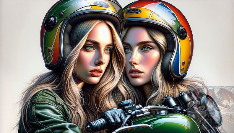 Ein detailliertes Portrait von zwei jungen Frau mit langem blonden Haar und blaugrauen Augen in der Seitenansicht beim fahren auf einem Motorrad frau_021.jpeg