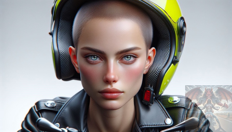 Ein detailliertes Portrait von einer jungen Frau mit Glatze und blaugrauen Augen in der Frontalansicht beim sitzen auf einem Motorrad im Hochsommer mit offener schwarzer Lederkombi frau_028.jpeg