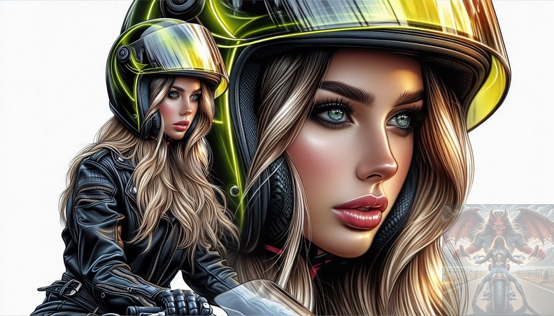 Ein detailliertes Portrait von einer jungen Frau mit langem blonden Haar und blaugrauen Augen in der Seitenansicht beim fahren auf einem Motorrad mit schwarzer Lederkombi frau_025.jpeg