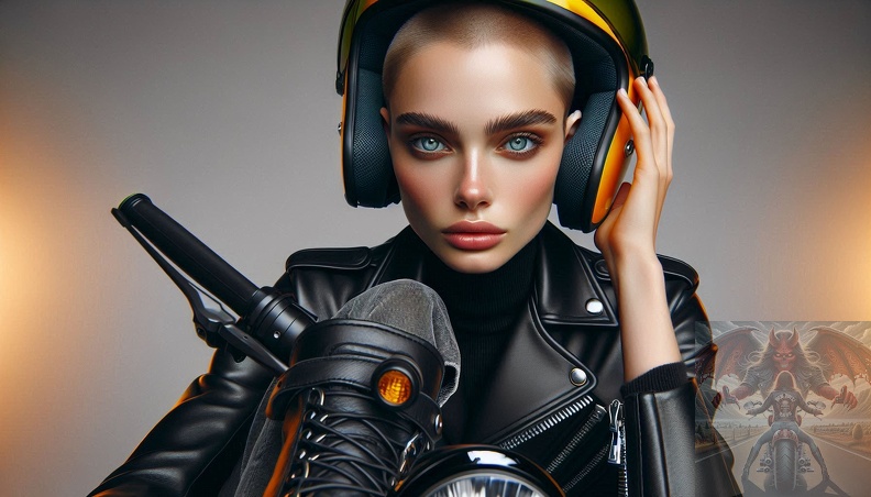 Ein detailliertes Portrait von einer jungen Frau mit Glatze und blaugrauen Augen in der Frontalansicht beim sitzen auf einem Motorrad im Hochsommer mit offener schwarzer Lederkombi frau_027.jpeg