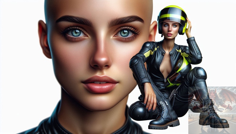Ein detailliertes Portrait von einer jungen Frau mit Glatze und blaugrauen Augen in der Frontalansicht beim sitzen auf einem Motorrad im Hochsommer mit offener schwarzer Lederkombi frau_026.jpeg