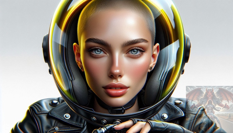 Ein detailliertes Portrait von einer jungen Frau mit Glatze und blaugrauen Augen in der Frontalansicht beim sitzen auf einem Motorrad im Hochsommer mit offener schwarzer Lederkombi frau_029.jpeg