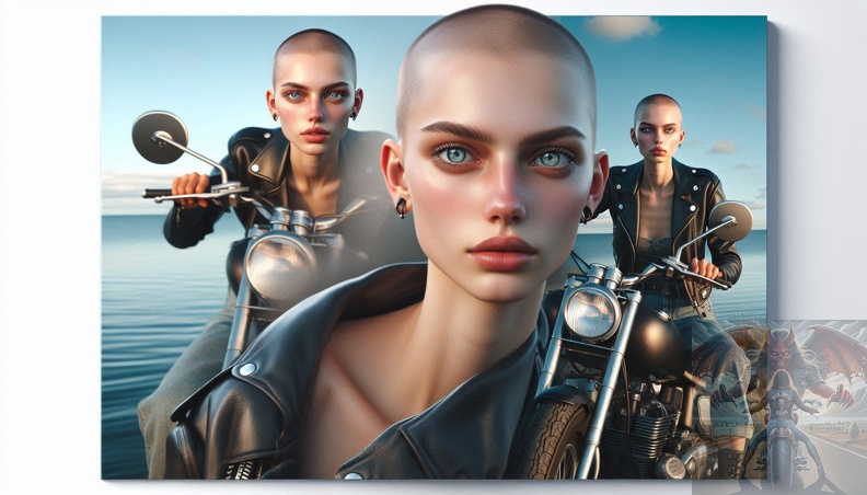 Ein detailliertes Portrait von einer jungen Frau mit Glatze und blaugrauen Augen in der Frontalansicht beim sitzen auf einem Motorrad im Hochsommer mit offener schwarzer Lederkombi, schwarzen Stiefeln. Im Hintergrund ist das Meer zu sehen. frau_031.jpeg