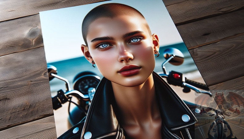 Ein detailliertes Portrait von einer jungen Frau mit Glatze und blaugrauen Augen in der Frontalansicht beim sitzen auf einem Motorrad im Hochsommer mit offener schwarzer Lederkombi, schwarzen Stiefeln. Im Hintergrund ist das Meer zu sehen. frau_030.jpeg