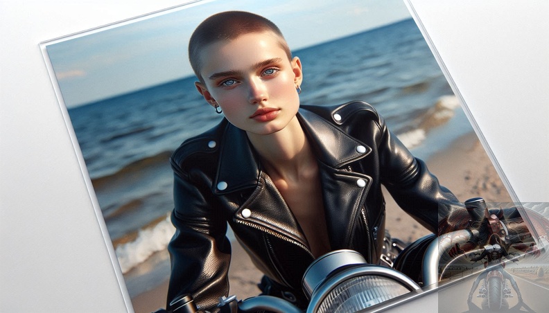 Ein detailliertes Portrait von einer jungen Frau mit Glatze und blaugrauen Augen in der Frontalansicht beim sitzen auf einem Motorrad im Hochsommer mit offener schwarzer Lederkombi, schwarzen Stiefeln. Im Hintergrund ist das Meer zu sehen. frau_032.jpeg