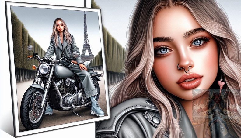 Ein detailliertes Portrait von einer jungen Frau mit langen blonden Haaren, blaugrauen Augen und einem Nasenring-Piercing in der Frontalansicht beim sitzen auf einem Motorrad im Hochsommer mit offener grauer Lederkombi frau_034.jpeg