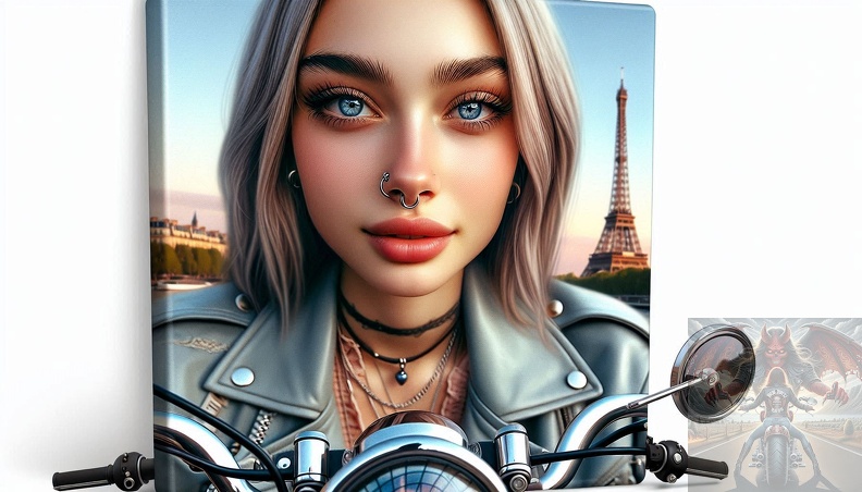 Ein detailliertes Portrait von einer jungen Frau mit langen blonden Haaren, blaugrauen Augen und einem Nasenring-Piercing in der Frontalansicht beim sitzen auf einem Motorrad im Hochsommer mit offener grauer Lederkombi frau_035.jpeg