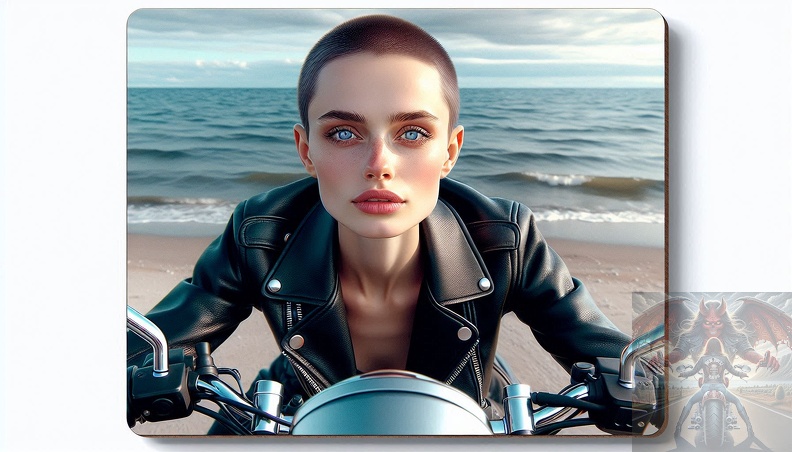 Ein detailliertes Portrait von einer jungen Frau mit Glatze und blaugrauen Augen in der Frontalansicht beim sitzen auf einem Motorrad im Hochsommer mit offener schwarzer Lederkombi, schwarzen Stiefeln. Im Hintergrund ist das Meer zu sehen. frau_033.jpeg