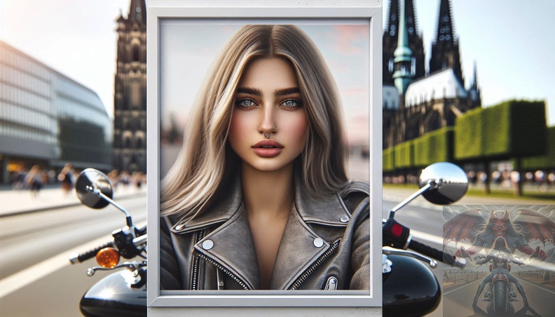 Ein detailliertes Portrait von einer jungen Frau mit langen blonden Haaren, blaugrauen Augen und einem Nasenring-Piercing in der Frontalansicht beim sitzen auf einem Motorrad im Hochsommer mit offener grauer Lederkombi. Im Hintergrund ist der Kölner-Dom zu sehen. frau_037.jpeg