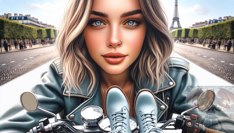Ein detailliertes Portrait von einer jungen Frau mit langen blonden Haaren, blaugrauen Augen und einem Nasenring-Piercing in der Frontalansicht beim sitzen auf einem Motorrad im Hochsommer mit offener grauer Lederkombi frau_036.jpeg