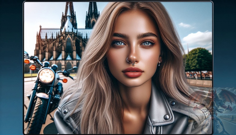 Ein detailliertes Portrait von einer jungen Frau mit langen blonden Haaren, blaugrauen Augen und einem Nasenring-Piercing in der Frontalansicht beim sitzen auf einem Motorrad im Hochsommer mit offener grauer Lederkombi. Im Hintergrund ist der Kölner-Dom zu sehen. frau_038.jpeg
