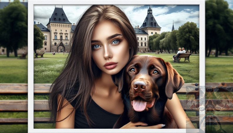 Ein detailliertes Portrait von einer jungen Frau mit langen braunen Haaren, grauen Augen und einem Piercing in der Augenbraue in der Frontalansicht beim sitzen auf einer Parkbank frau_hund_002.jpeg