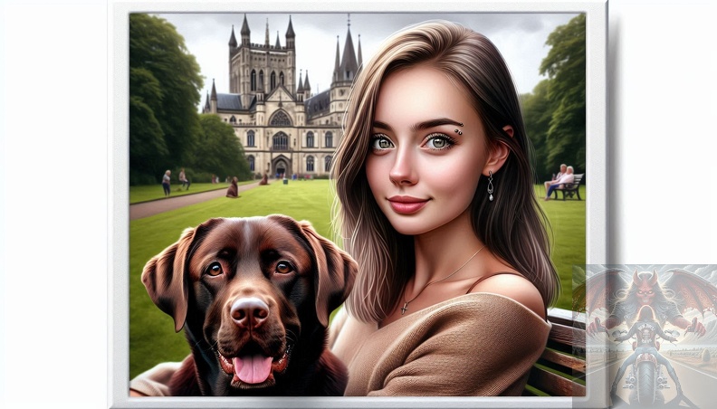 Ein detailliertes Portrait von einer jungen Frau mit langen braunen Haaren, grauen Augen und einem Piercing in der Augenbraue in der Frontalansicht beim sitzen auf einer Parkbank frau_hund_001.jpeg