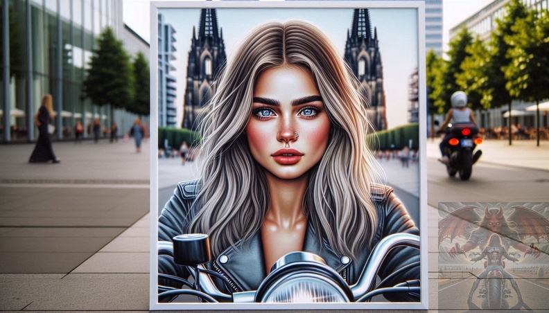 Ein detailliertes Portrait von einer jungen Frau mit langen blonden Haaren, blaugrauen Augen und einem Nasenring-Piercing in der Frontalansicht beim sitzen auf einem Motorrad im Hochsommer mit offener grauer Lederkombi. Im Hintergrund ist der Kölner-Dom zu sehen. frau_039.jpeg
