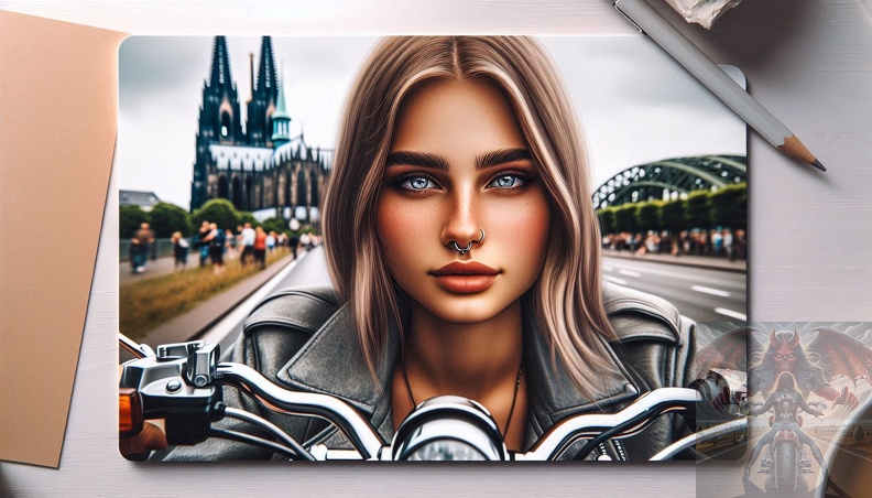 Ein detailliertes Portrait von einer jungen Frau mit langen blonden Haaren, blaugrauen Augen und einem Nasenring-Piercing in der Frontalansicht beim sitzen auf einem Motorrad im Hochsommer mit offener grauer Lederkombi. Im Hintergrund ist der Kölner-Dom zu sehen. frau_040.jpeg
