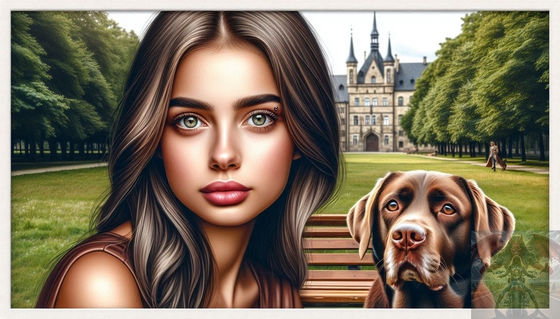 Ein detailliertes Portrait von einer jungen Frau mit langen braunen Haaren, grauen Augen und einem Piercing in der Augenbraue in der Frontalansicht beim sitzen auf einer Parkbank frau_hund_003.jpeg