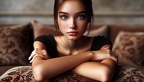 Frau im Wohnzimmer auf braunem Sofa