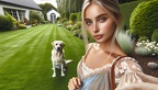 Frau im Garten mit ihrem Labrador