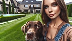 Frau im Garten mit ihrem braunen Labrador