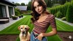Frau im Garten mit ihrem Labrador