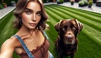 Frau im Garten mit ihrem braunen Labrador