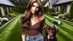 Frau im Garten mit ihrem braunen Labrador