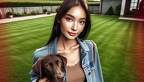Frau im Garten mit ihrem braunen Labrador