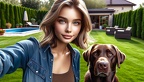 Frau im Garten mit ihrem braunen Labrador