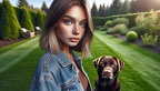 Frau im Garten mit ihrem braunen Labrador